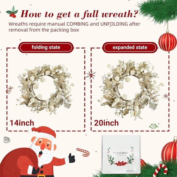 20 Inch Winter Wreath for Front Door, Winter Wreaths with Gold Eucalyptus Leaves - Picture 4 of 7